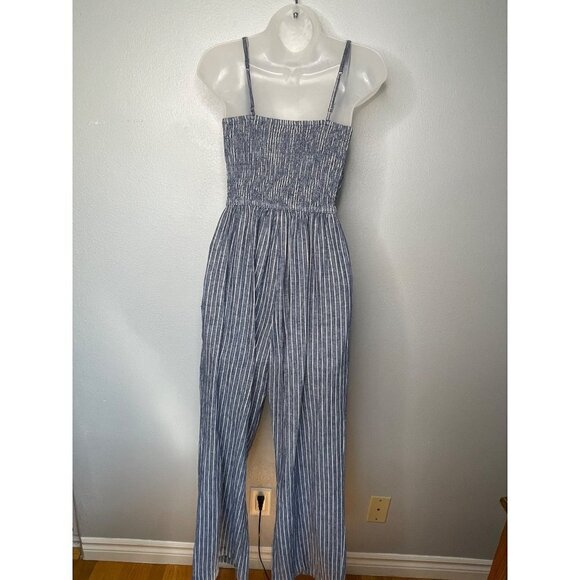 Abercrombie & Fitch Striped Jumpsuit Romper SZ S Wide Legs Linen Pockets - Picture 5 of 14